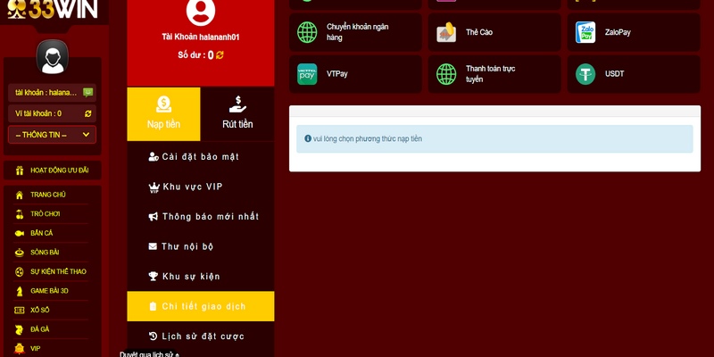 Nạp tiền 33win được hệ thống hỗ trợ nhiều phương thức khác nhau